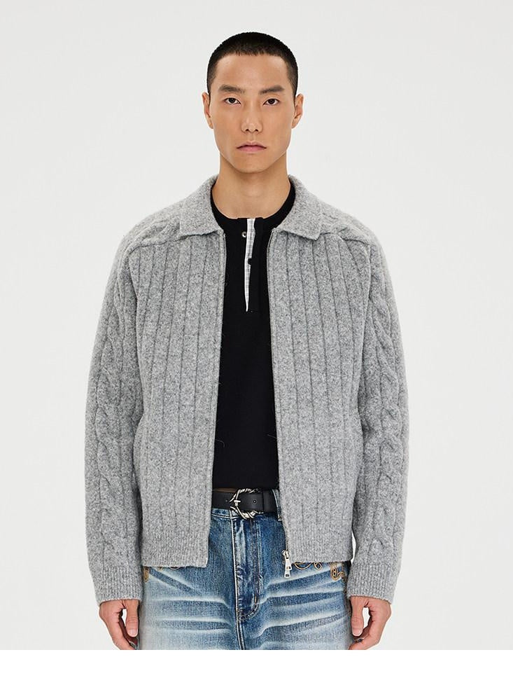 CATSSTAC Warm Zip Front Casual Turn Down Collar Unisex Grey Knit Cardigans