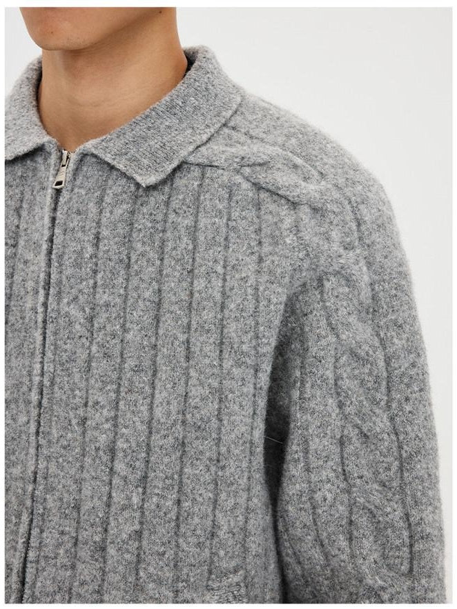 CATSSTAC Warm Zip Front Casual Turn Down Collar Unisex Grey Knit Cardigans