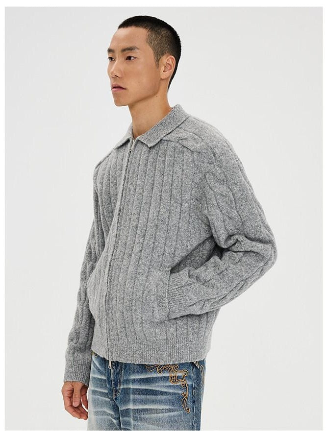 CATSSTAC Warm Zip Front Casual Turn Down Collar Unisex Grey Knit Cardigans