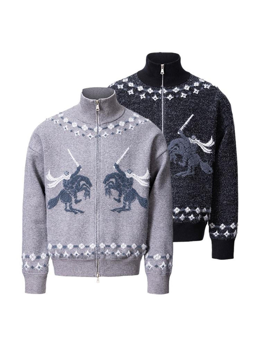 CATSSTAC Warm Zippered Stand Collar Casual Unisex Knitwear Sword Pattern Cardigans