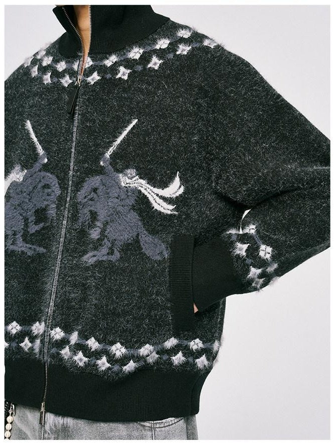 CATSSTAC Warm Zippered Stand Collar Casual Unisex Knitwear Sword Pattern Cardigans