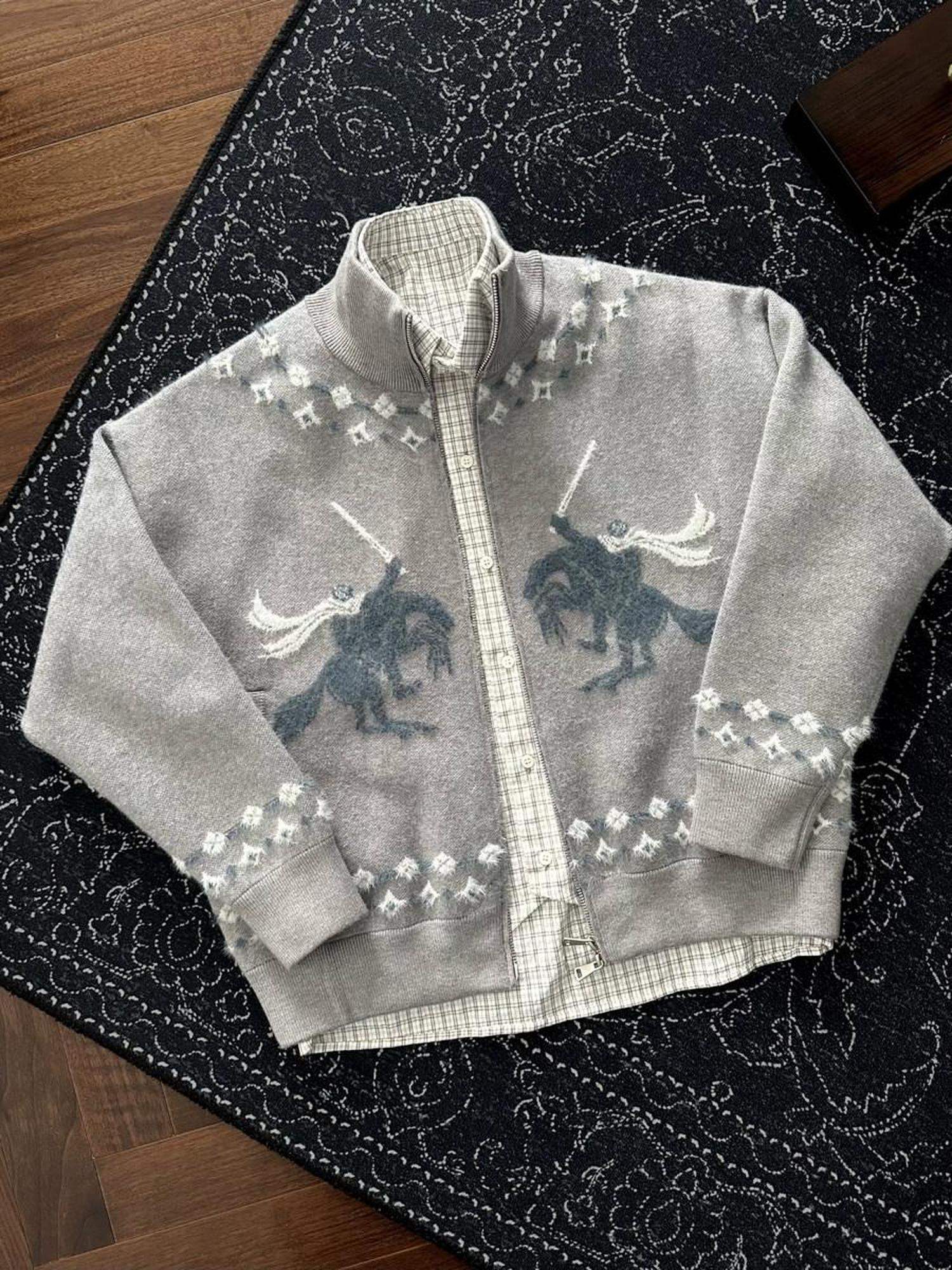 CATSSTAC Warm Zippered Stand Collar Casual Unisex Knitwear Sword Pattern Cardigans