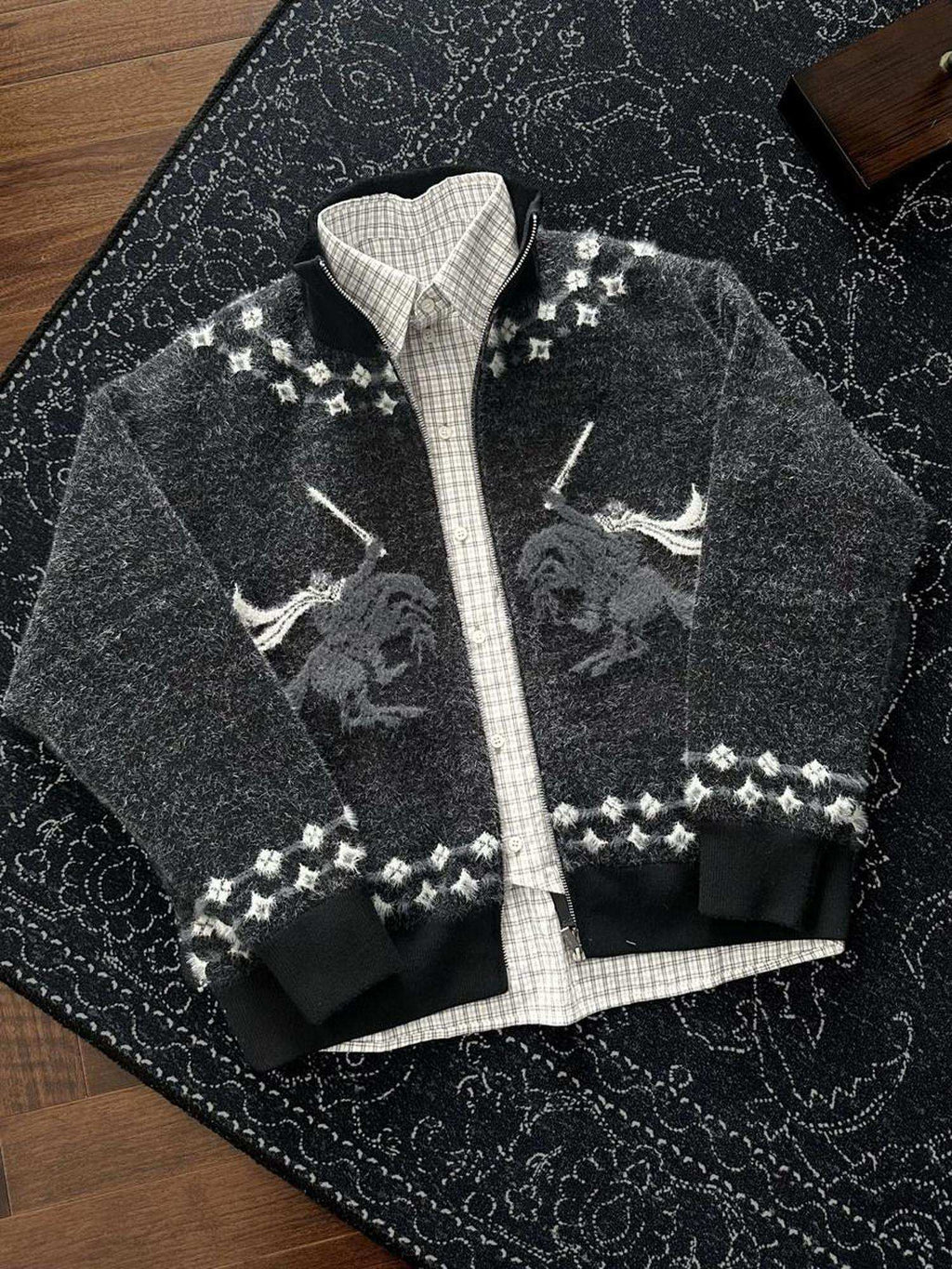 CATSSTAC Warm Zippered Stand Collar Casual Unisex Knitwear Sword Pattern Cardigans