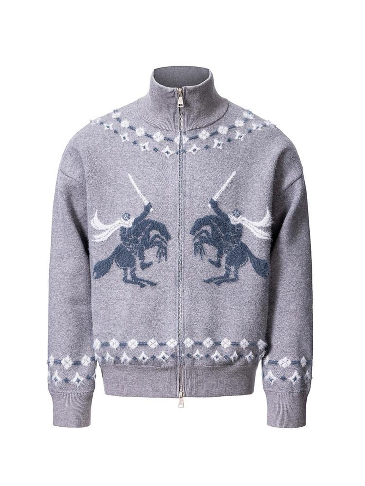 CATSSTAC Warm Zippered Stand Collar Casual Unisex Knitwear Sword Pattern Cardigans