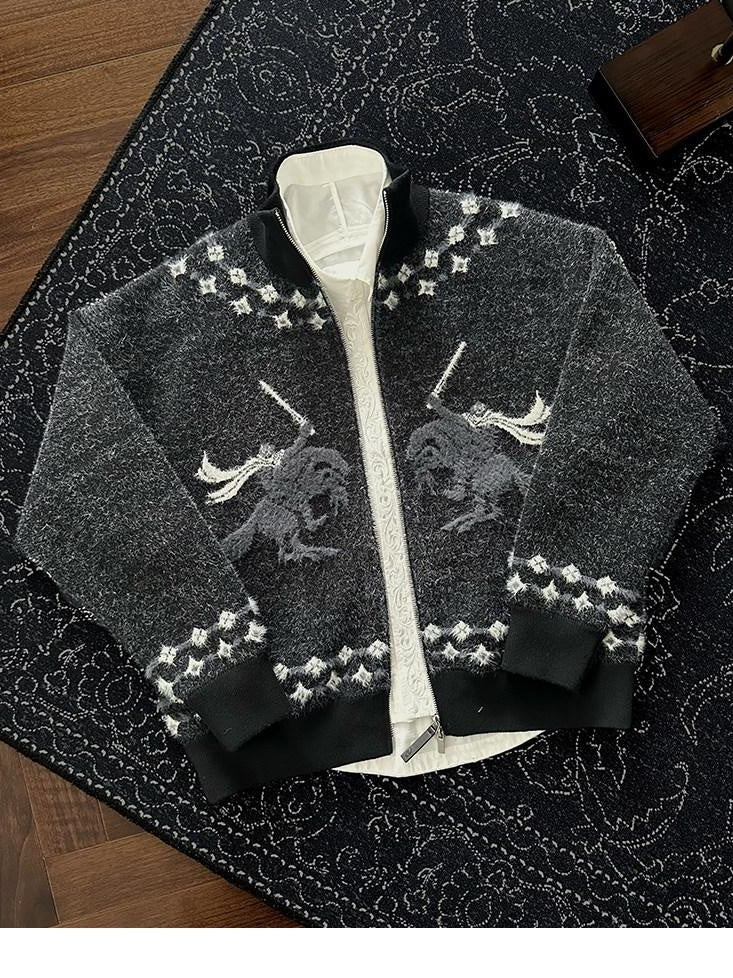 CATSSTAC Warm Zippered Stand Collar Casual Unisex Knitwear Sword Pattern Cardigans