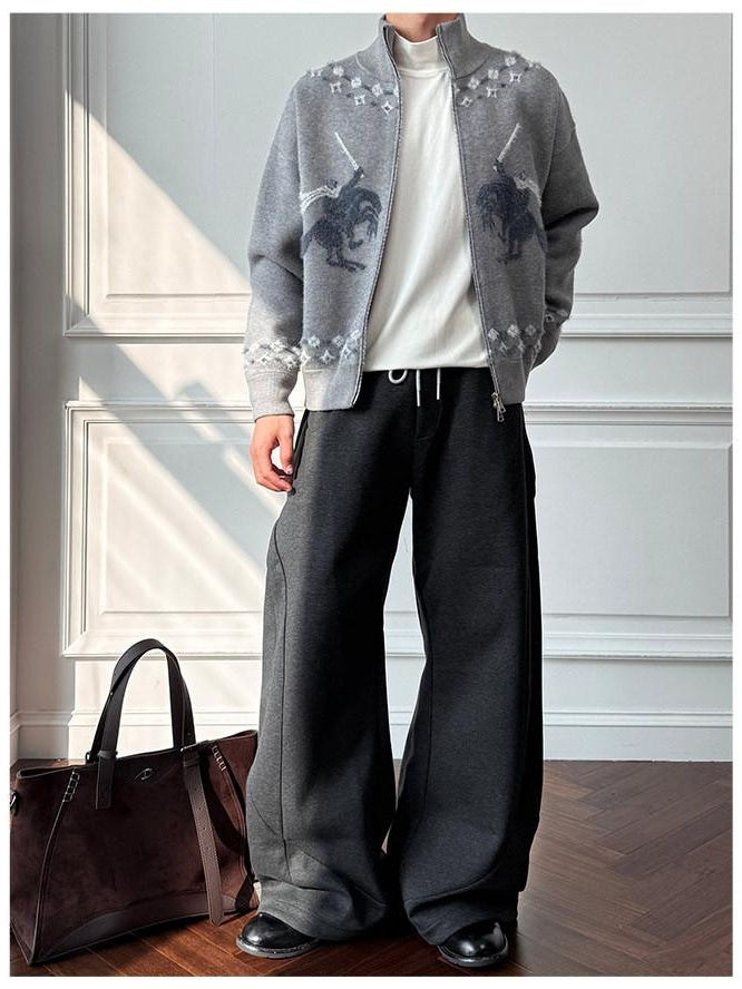 CATSSTAC Warm Zippered Stand Collar Casual Unisex Knitwear Sword Pattern Cardigans