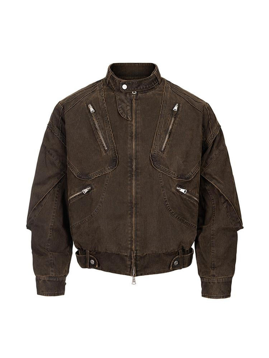 CATSSTAC Washed 100 Percent Cotton Relaxed Fit Lapel Zipper Unisex Brown Cropped Jackets