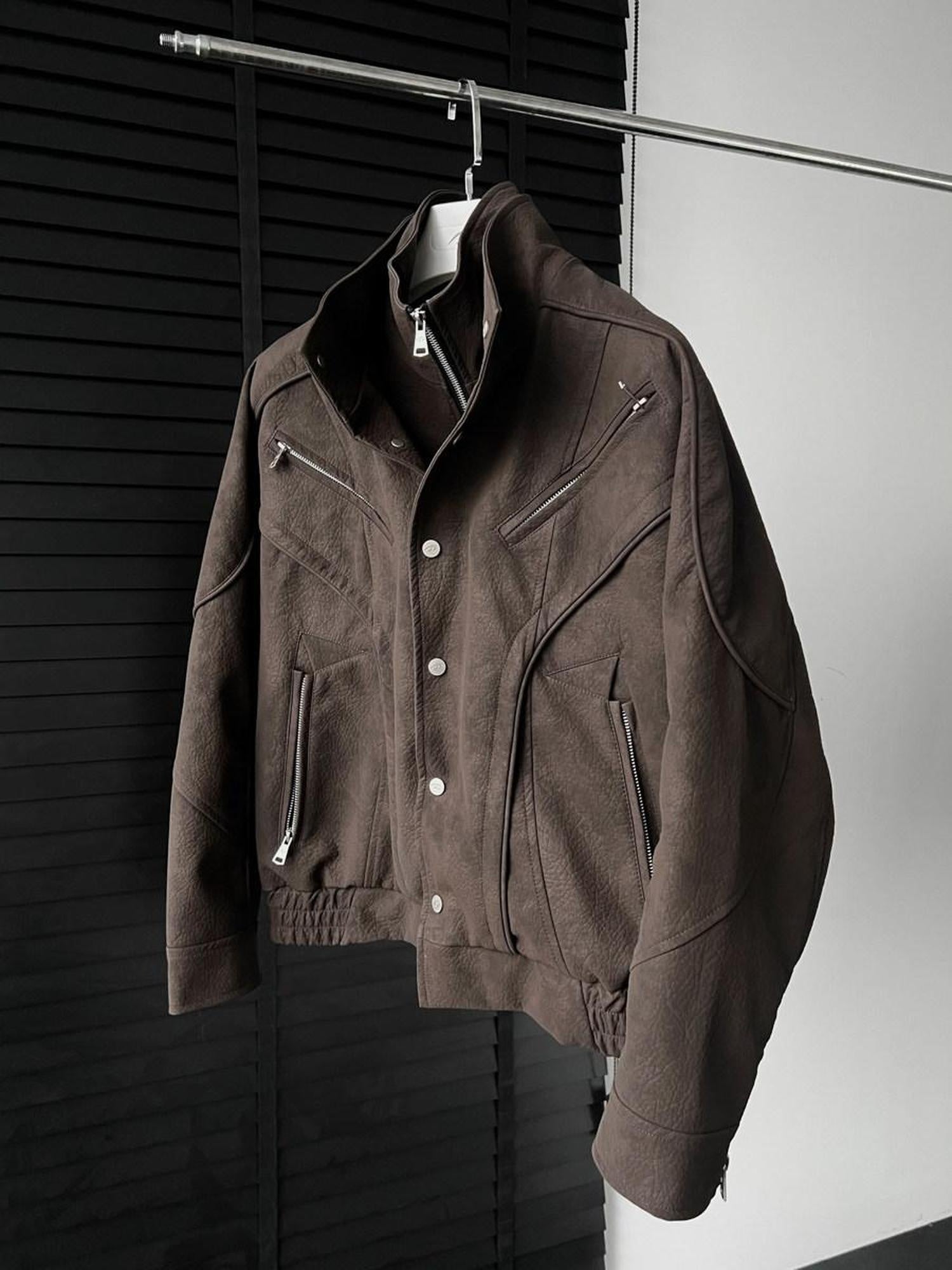 CATSSTAC Washed 100 Percent Cotton Relaxed Fit Lapel Zipper Unisex Brown Cropped Jackets