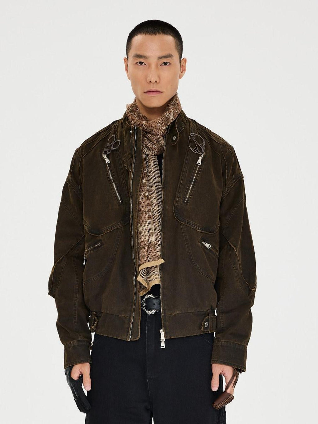 CATSSTAC Washed 100 Percent Cotton Relaxed Fit Lapel Zipper Unisex Brown Cropped Jackets