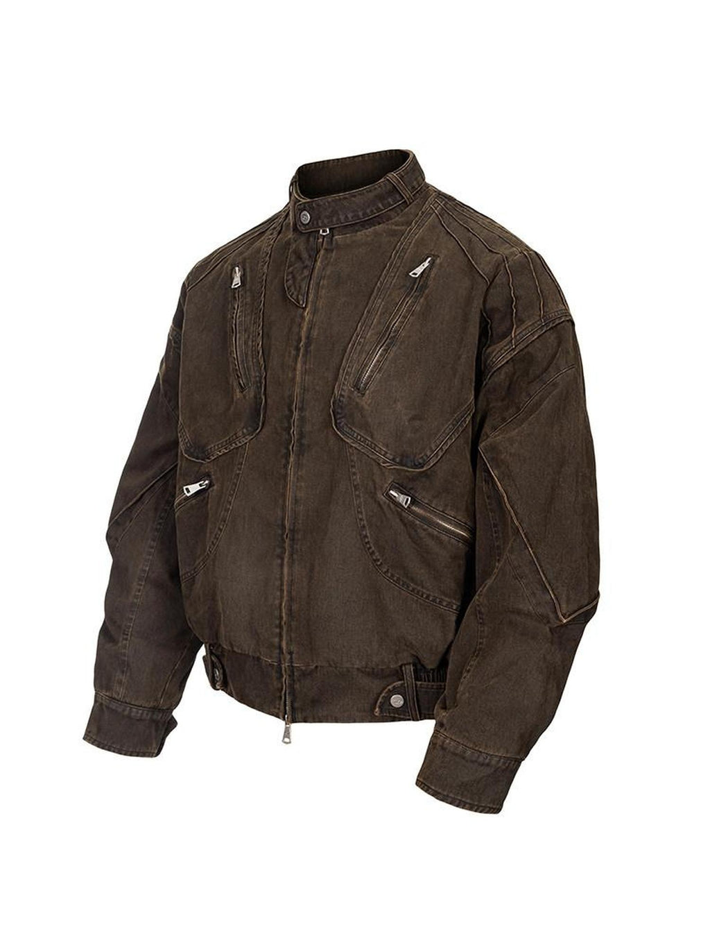 CATSSTAC Washed 100 Percent Cotton Relaxed Fit Lapel Zipper Unisex Brown Cropped Jackets