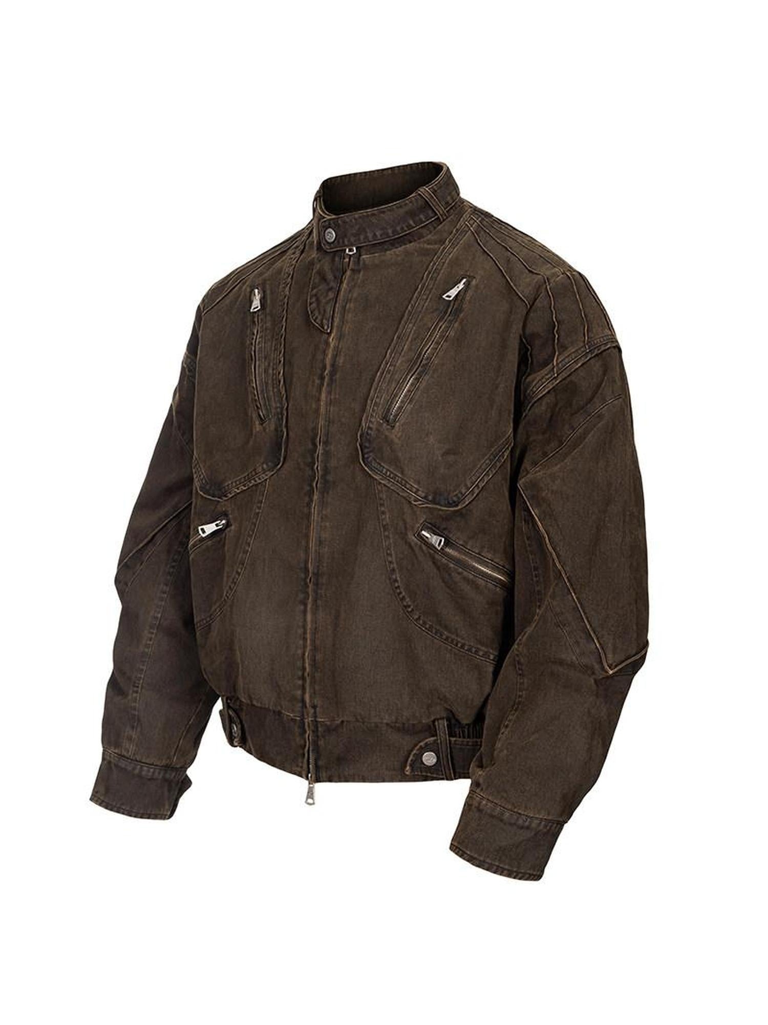 CATSSTAC Washed 100 Percent Cotton Relaxed Fit Lapel Zipper Unisex Brown Cropped Jackets