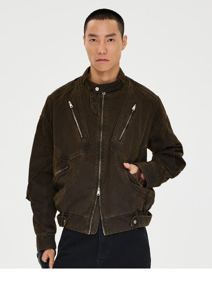 CATSSTAC Washed 100 Percent Cotton Relaxed Fit Lapel Zipper Unisex Brown Cropped Jackets