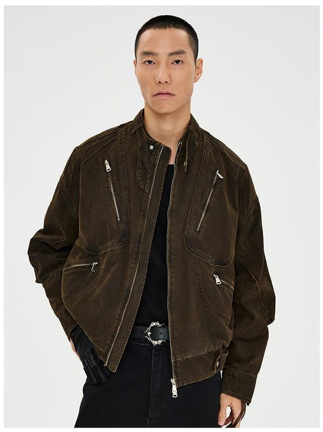 CATSSTAC Washed 100 Percent Cotton Relaxed Fit Lapel Zipper Unisex Brown Cropped Jackets