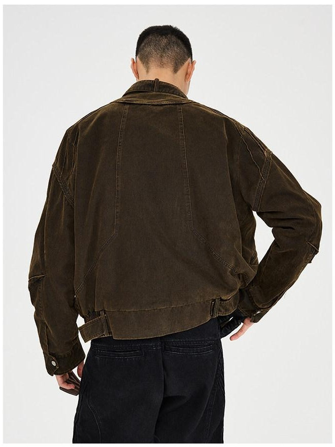 CATSSTAC Washed 100 Percent Cotton Relaxed Fit Lapel Zipper Unisex Brown Cropped Jackets
