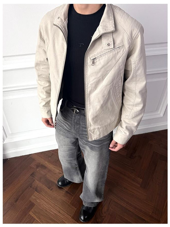 CATSSTAC Washed Cotton Loose Fit Vintage Stand Collar Zipper Unisex Khaki Cropped Jackets