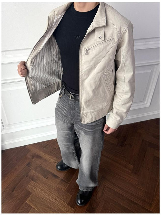 CATSSTAC Washed Cotton Loose Fit Vintage Stand Collar Zipper Unisex Khaki Cropped Jackets