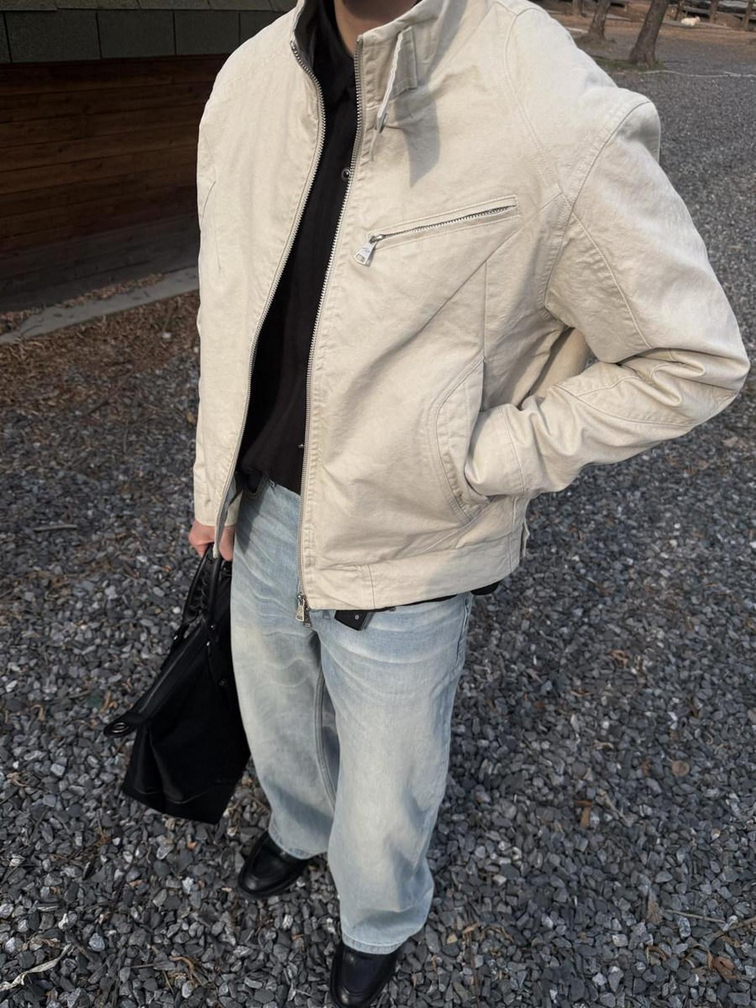 CATSSTAC Washed Cotton Loose Fit Vintage Stand Collar Zipper Unisex Khaki Cropped Jackets