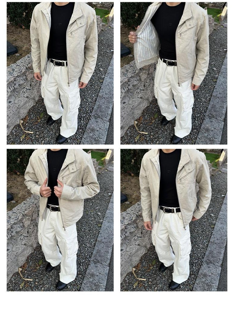 CATSSTAC Washed Cotton Loose Fit Vintage Stand Collar Zipper Unisex Khaki Cropped Jackets