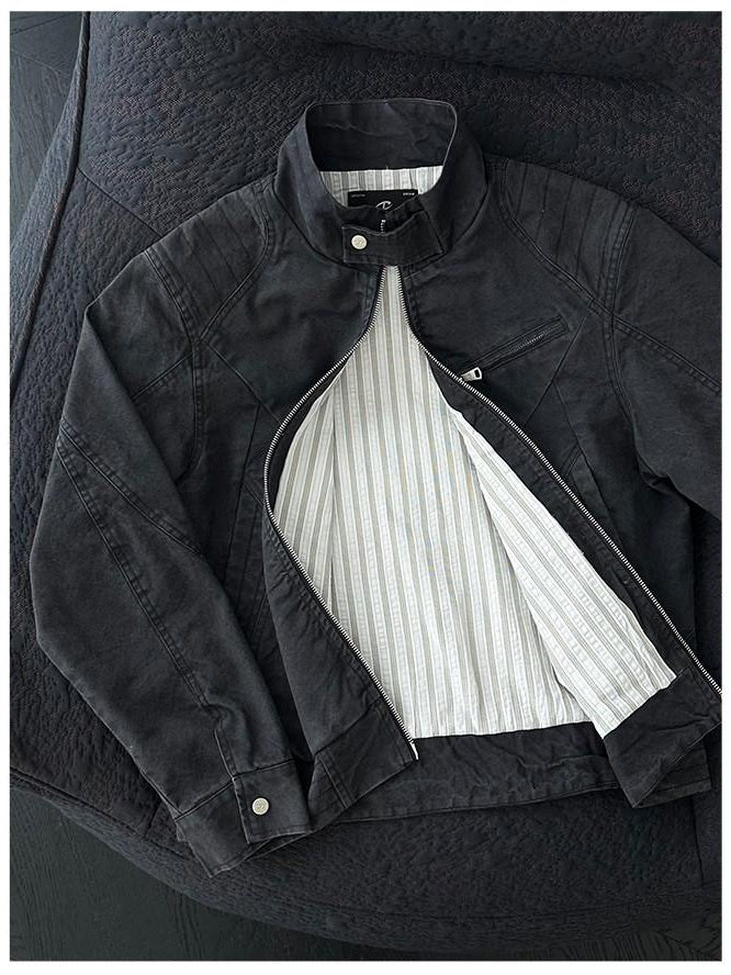 CATSSTAC Washed Cotton Loose Fit Vintage Stand Collar Zipper Unisex Khaki Cropped Jackets