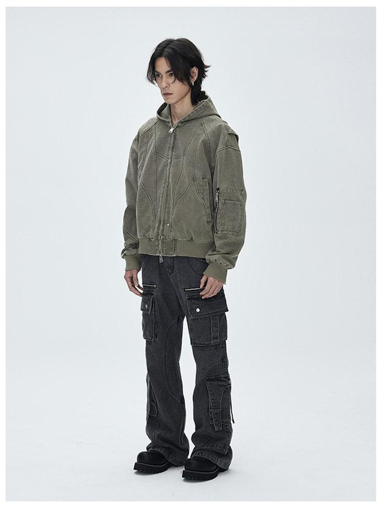 CATSSTAC Washed Cotton Loose Hooded Zipper Pocket Unisex Daily Clean Fit Cropped Jackets