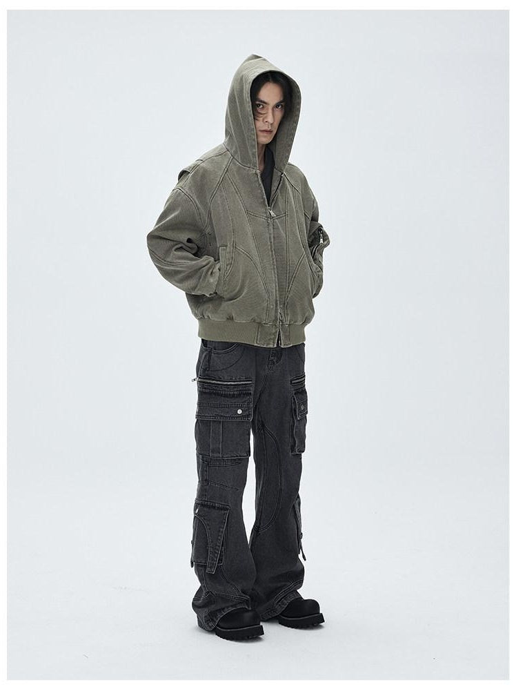 CATSSTAC Washed Cotton Loose Hooded Zipper Pocket Unisex Daily Clean Fit Cropped Jackets