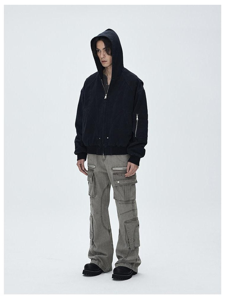 CATSSTAC Washed Cotton Loose Hooded Zipper Pocket Unisex Daily Clean Fit Cropped Jackets