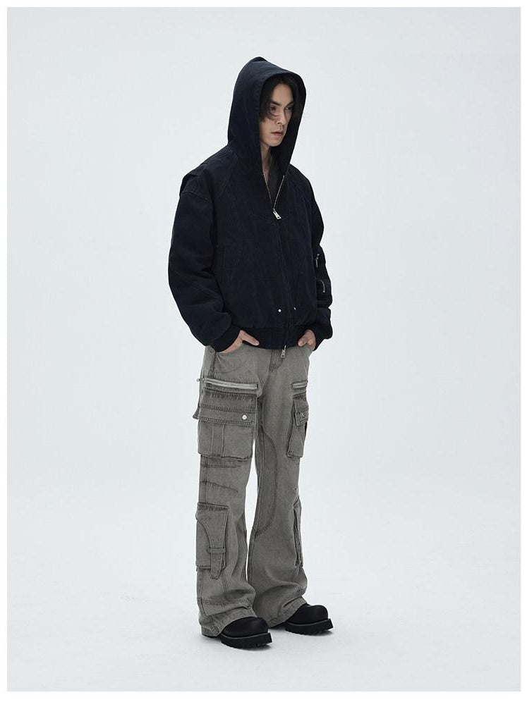 CATSSTAC Washed Cotton Loose Hooded Zipper Pocket Unisex Daily Clean Fit Cropped Jackets