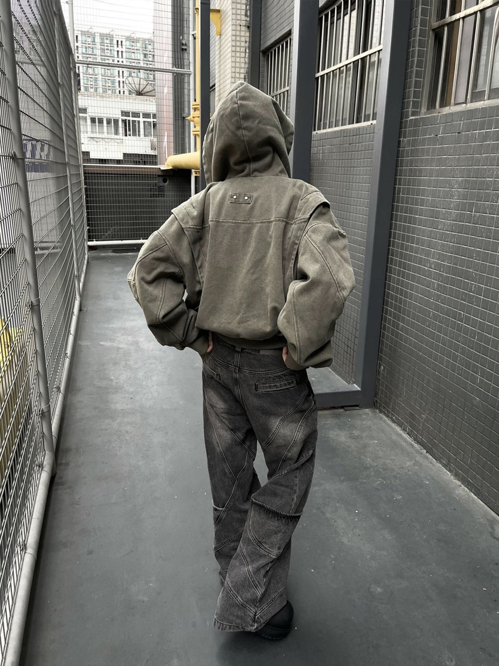 CATSSTAC Washed Cotton Loose Hooded Zipper Pocket Unisex Daily Clean Fit Cropped Jackets