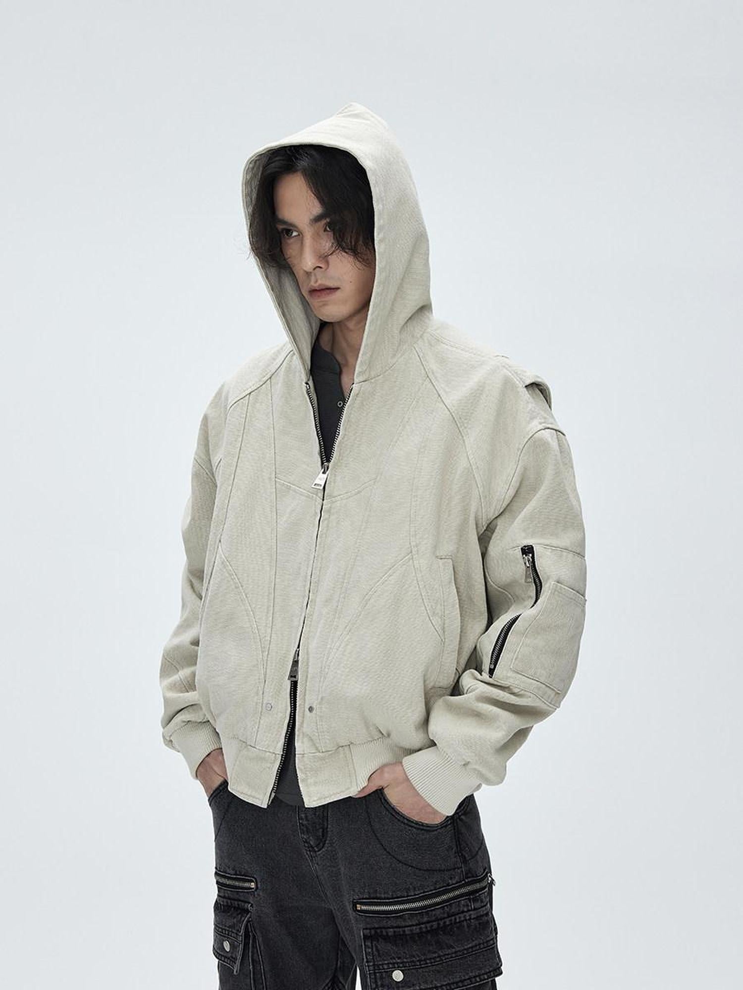 CATSSTAC Washed Cotton Loose Hooded Zipper Pocket Unisex Daily Clean Fit Cropped Jackets