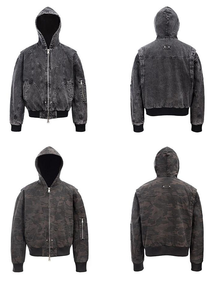 CATSSTAC Washed Cotton Loose Hooded Zipper Pocket Unisex Daily Clean Fit Cropped Jackets