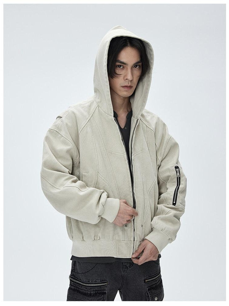 CATSSTAC Washed Cotton Loose Hooded Zipper Pocket Unisex Daily Clean Fit Cropped Jackets