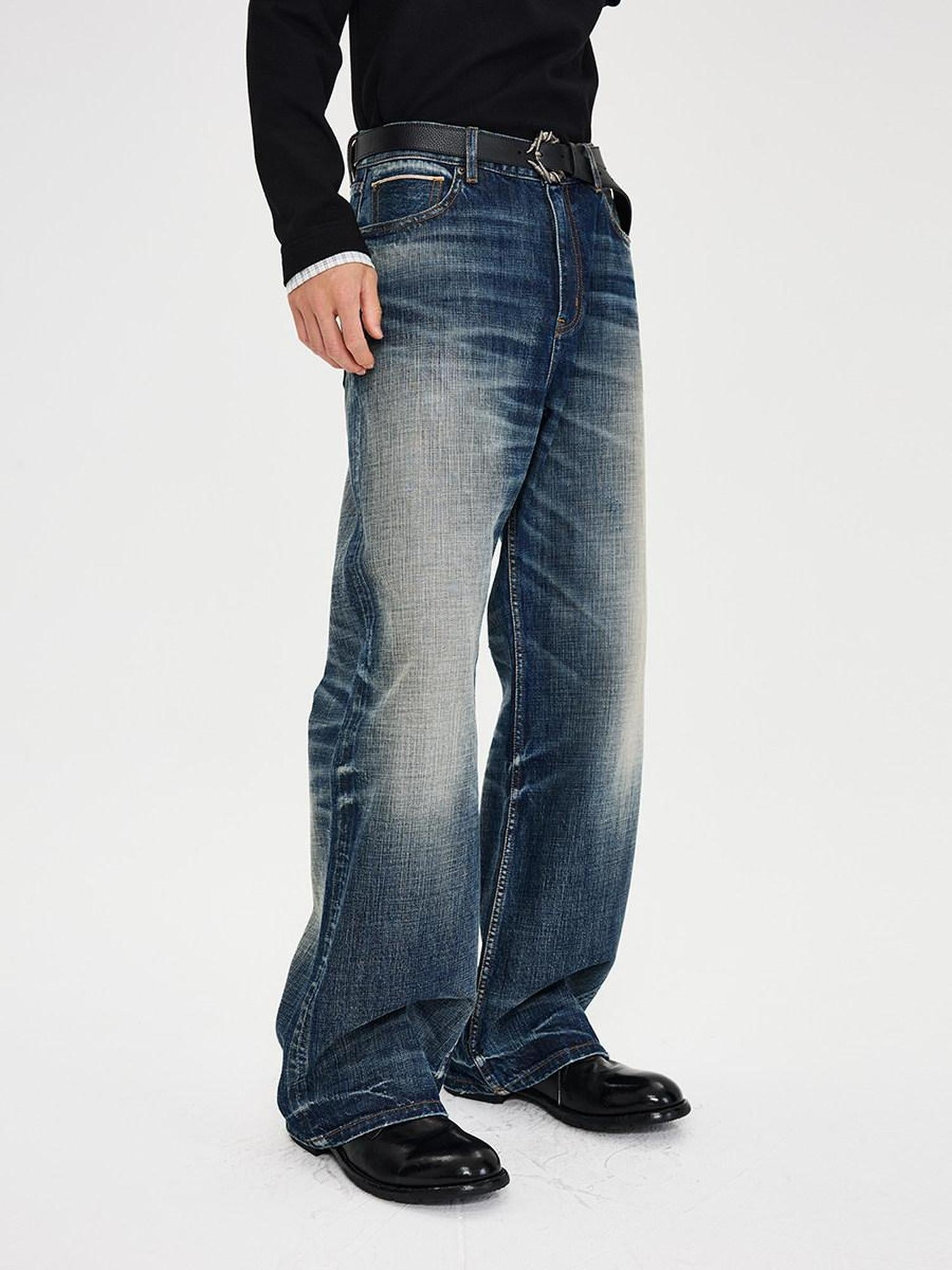 CATSSTAC Washed Embroidered Blue Mid Rise Loose Fit Micro Stretch Straight Leg Jeans
