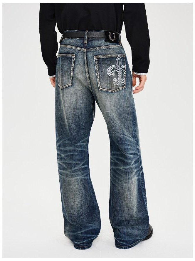 CATSSTAC Washed Embroidered Blue Mid Rise Loose Fit Micro Stretch Straight Leg Jeans