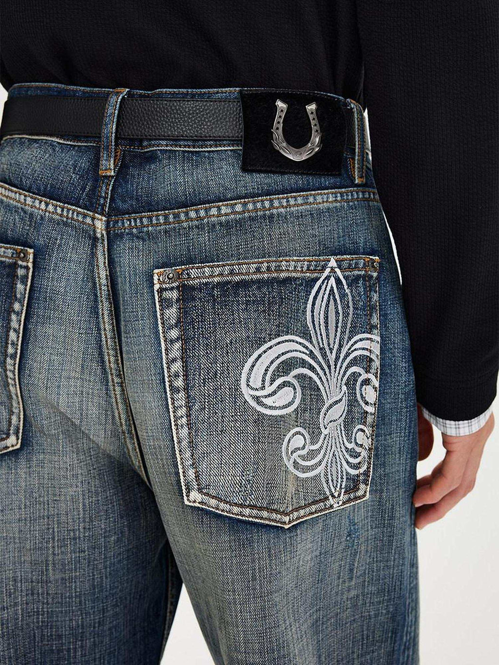 CATSSTAC Washed Embroidered Blue Mid Rise Loose Fit Micro Stretch Straight Leg Jeans