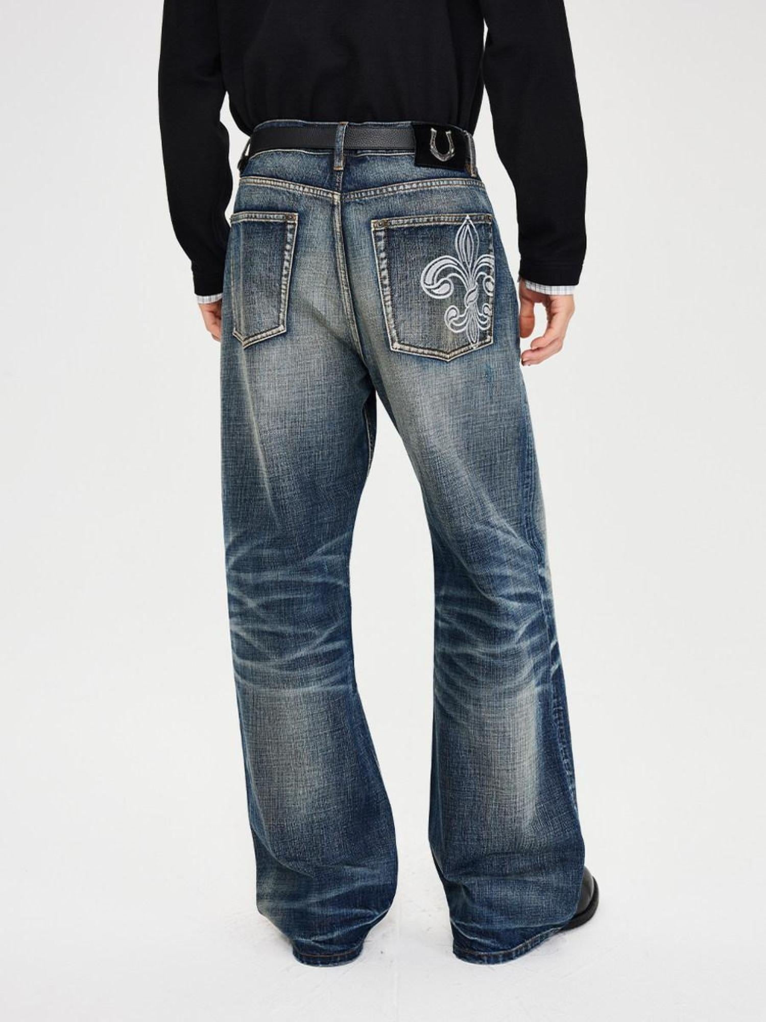 CATSSTAC Washed Embroidered Blue Mid Rise Loose Fit Micro Stretch Straight Leg Jeans