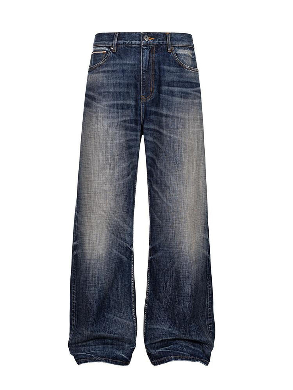 CATSSTAC Washed Embroidered Blue Mid Rise Loose Fit Micro Stretch Straight Leg Jeans