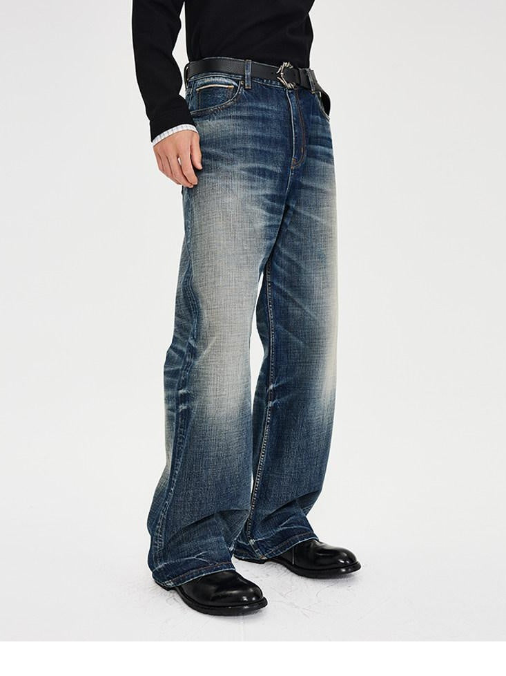 CATSSTAC Washed Embroidered Blue Mid Rise Loose Fit Micro Stretch Straight Leg Jeans