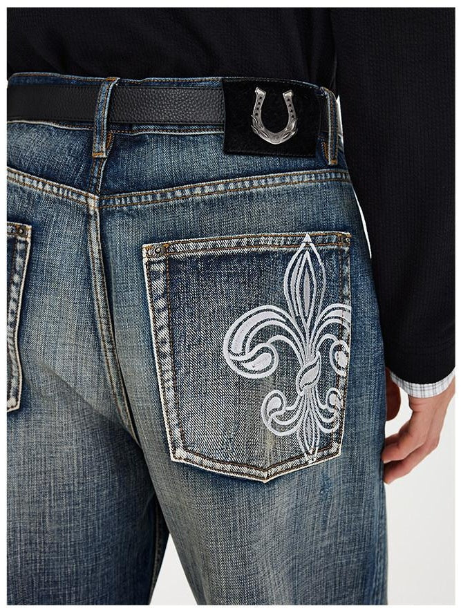 CATSSTAC Washed Embroidered Blue Mid Rise Loose Fit Micro Stretch Straight Leg Jeans
