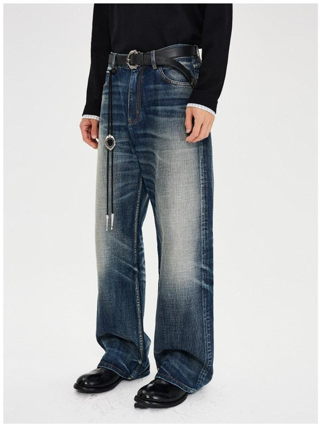CATSSTAC Washed Embroidered Blue Mid Rise Loose Fit Micro Stretch Straight Leg Jeans