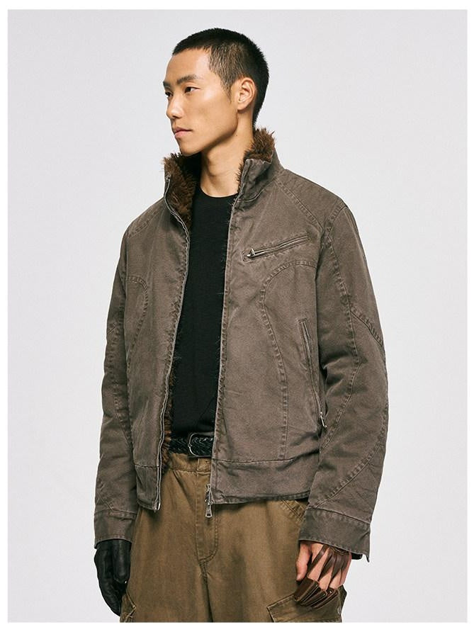 CATSSTAC Washed Loose Fit Youth Casual Stand Collar Unisex Everyday Zip Front Jackets