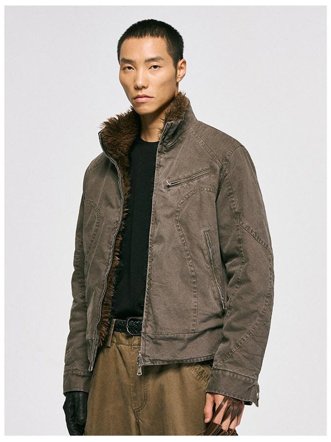 CATSSTAC Washed Loose Fit Youth Casual Stand Collar Unisex Everyday Zip Front Jackets