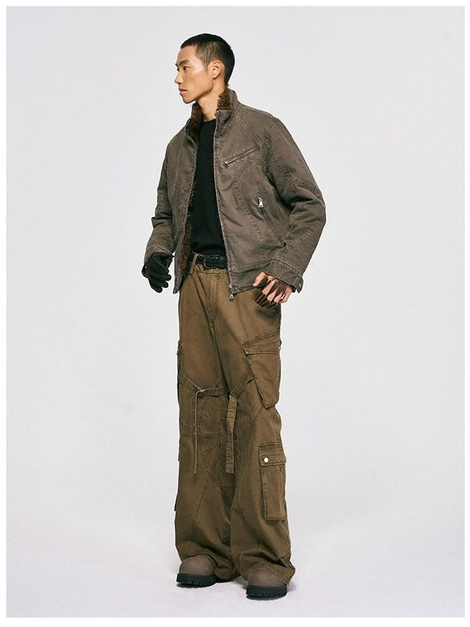 CATSSTAC Washed Loose Fit Youth Casual Stand Collar Unisex Everyday Zip Front Jackets
