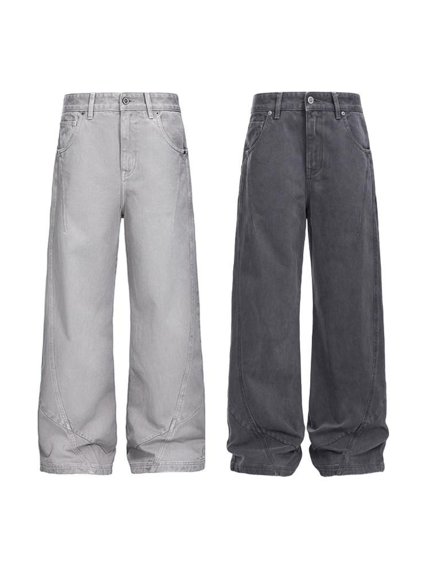 CATSSTAC Washed Mid Rise Relaxed Fit Casual Youth Button Fly Black Gray Wide Leg Jeans
