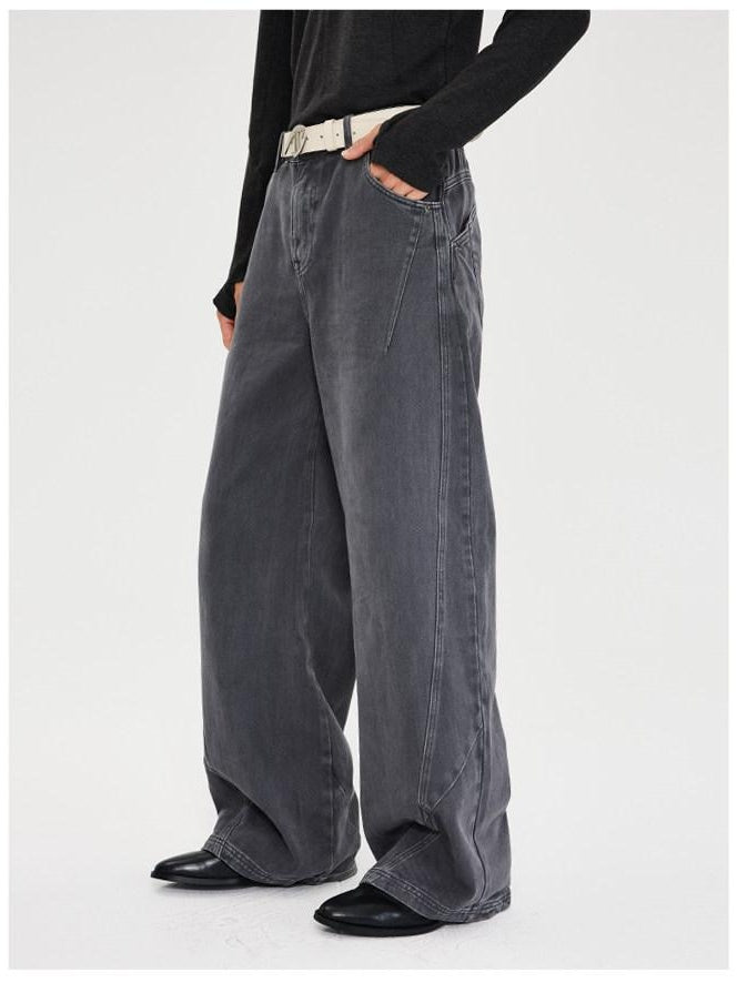 CATSSTAC Washed Mid Rise Relaxed Fit Casual Youth Button Fly Black Gray Wide Leg Jeans