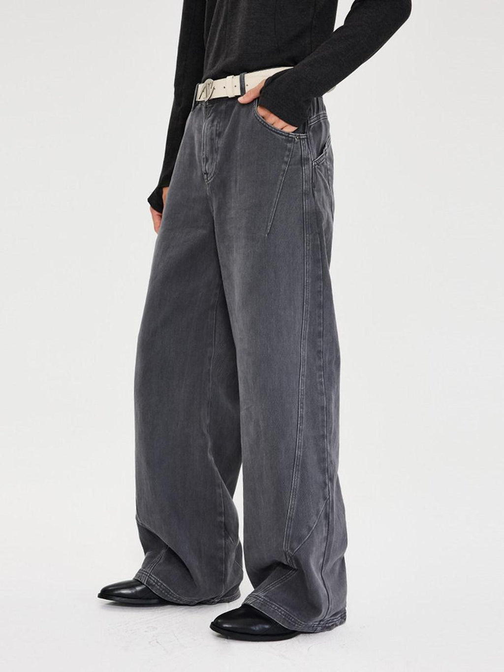 CATSSTAC Washed Mid Rise Relaxed Fit Casual Youth Button Fly Black Gray Wide Leg Jeans