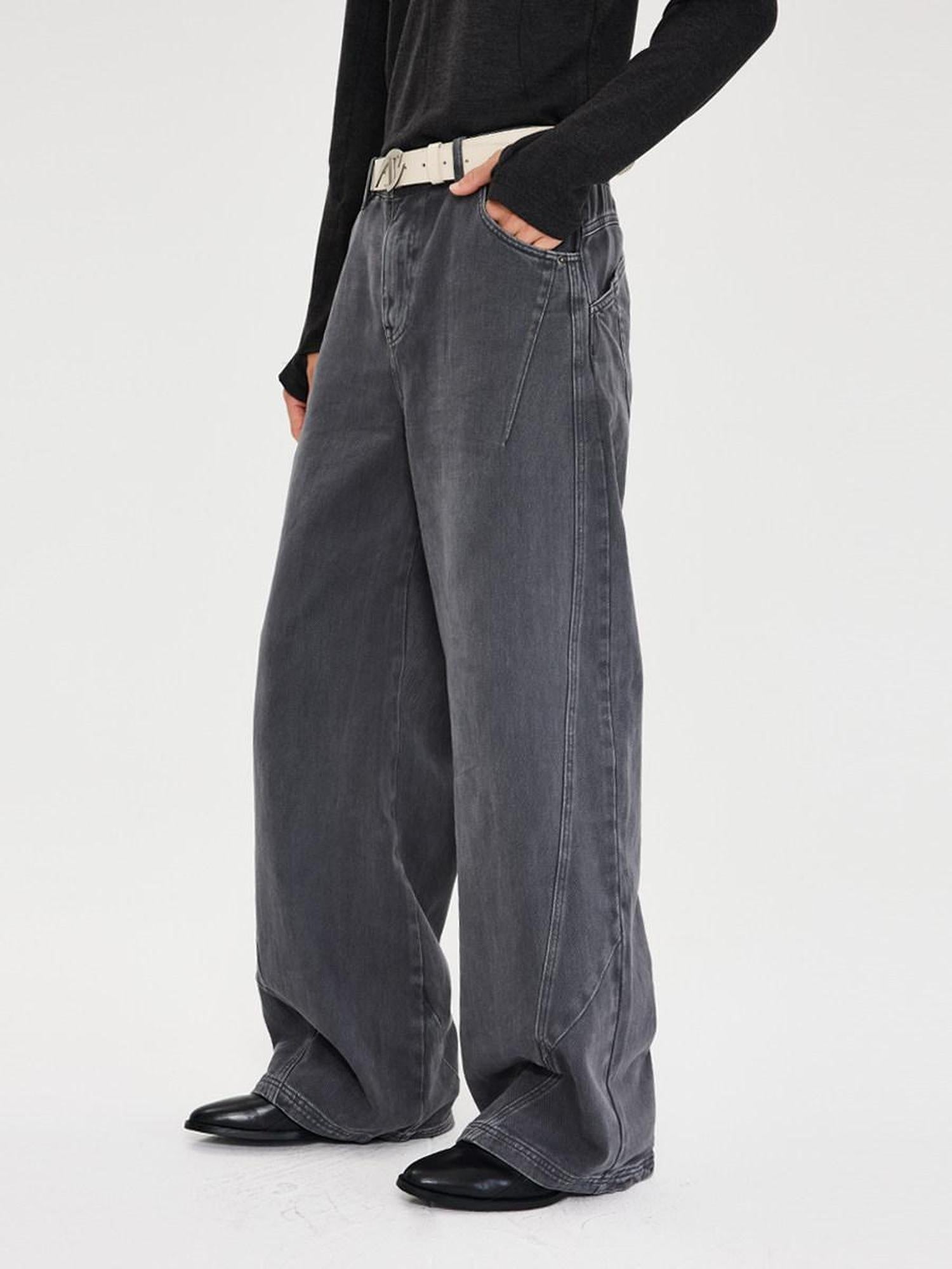 CATSSTAC Washed Mid Rise Relaxed Fit Casual Youth Button Fly Black Gray Wide Leg Jeans