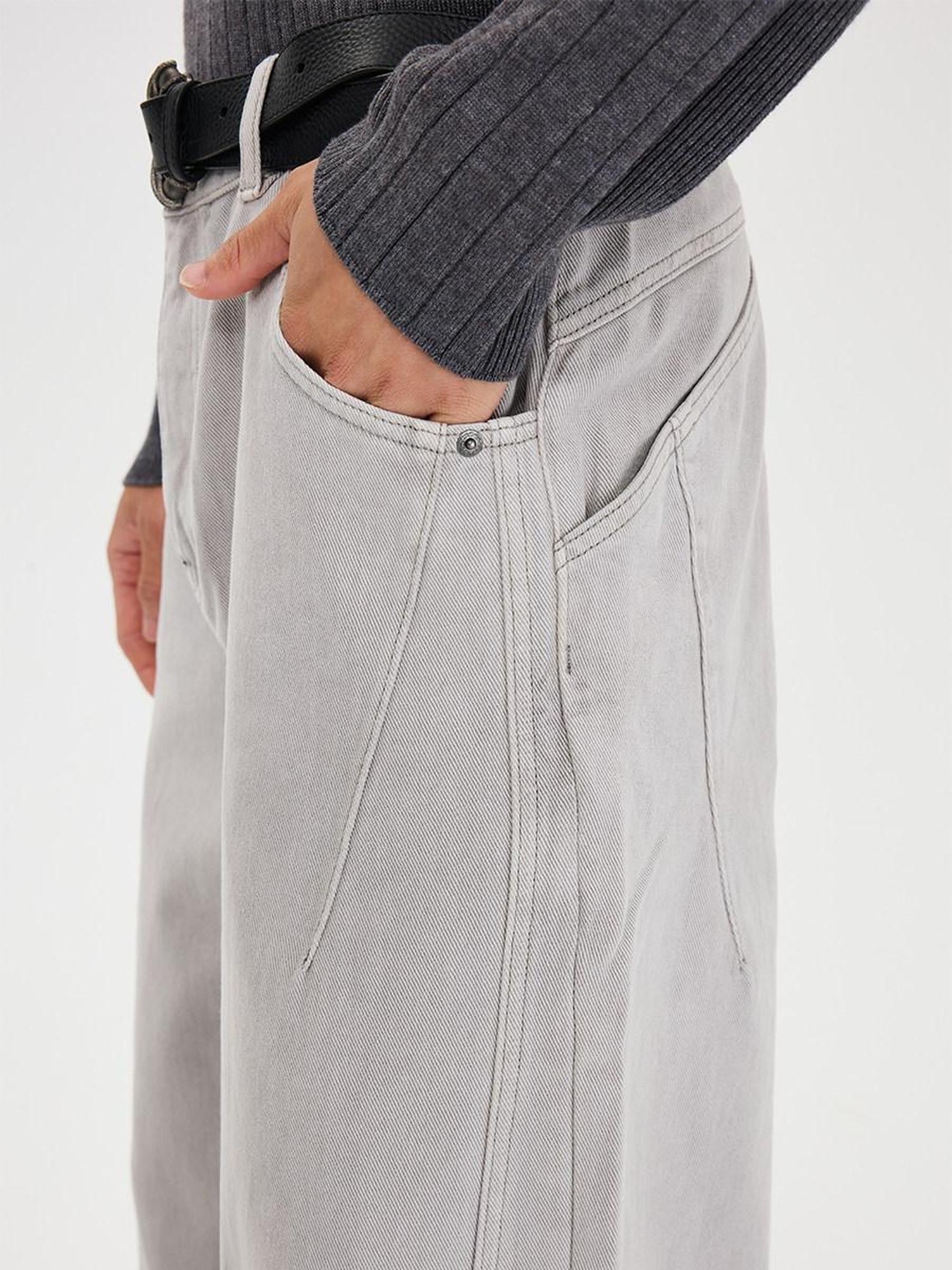 CATSSTAC Washed Mid Rise Relaxed Fit Casual Youth Button Fly Black Gray Wide Leg Jeans