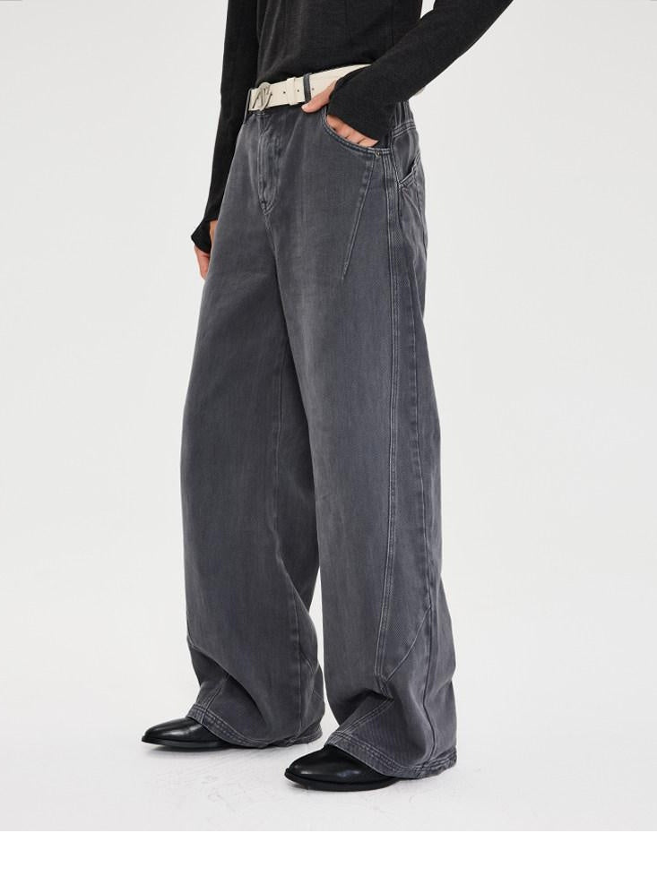 CATSSTAC Washed Mid Rise Relaxed Fit Casual Youth Button Fly Black Gray Wide Leg Jeans