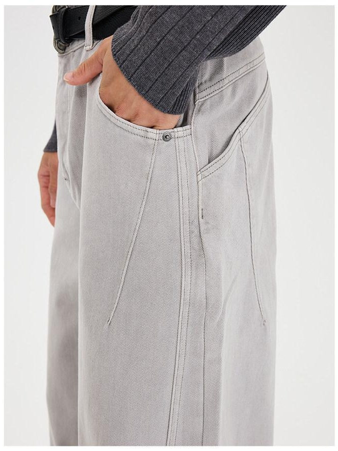 CATSSTAC Washed Mid Rise Relaxed Fit Casual Youth Button Fly Black Gray Wide Leg Jeans