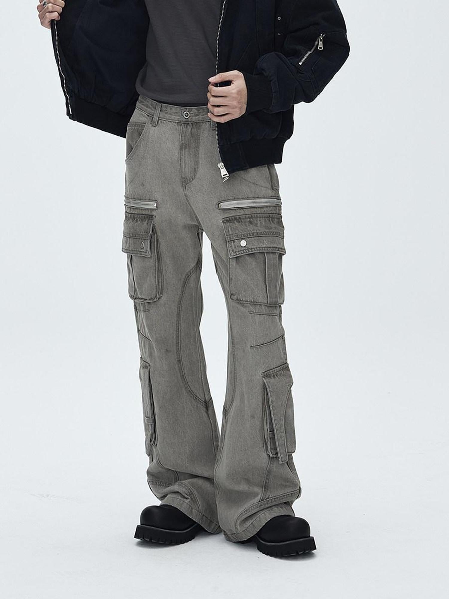 CATSSTAC Washed Multi Pocket Mid Rise Cargo Denim Black Grey Straight Leg Jeans